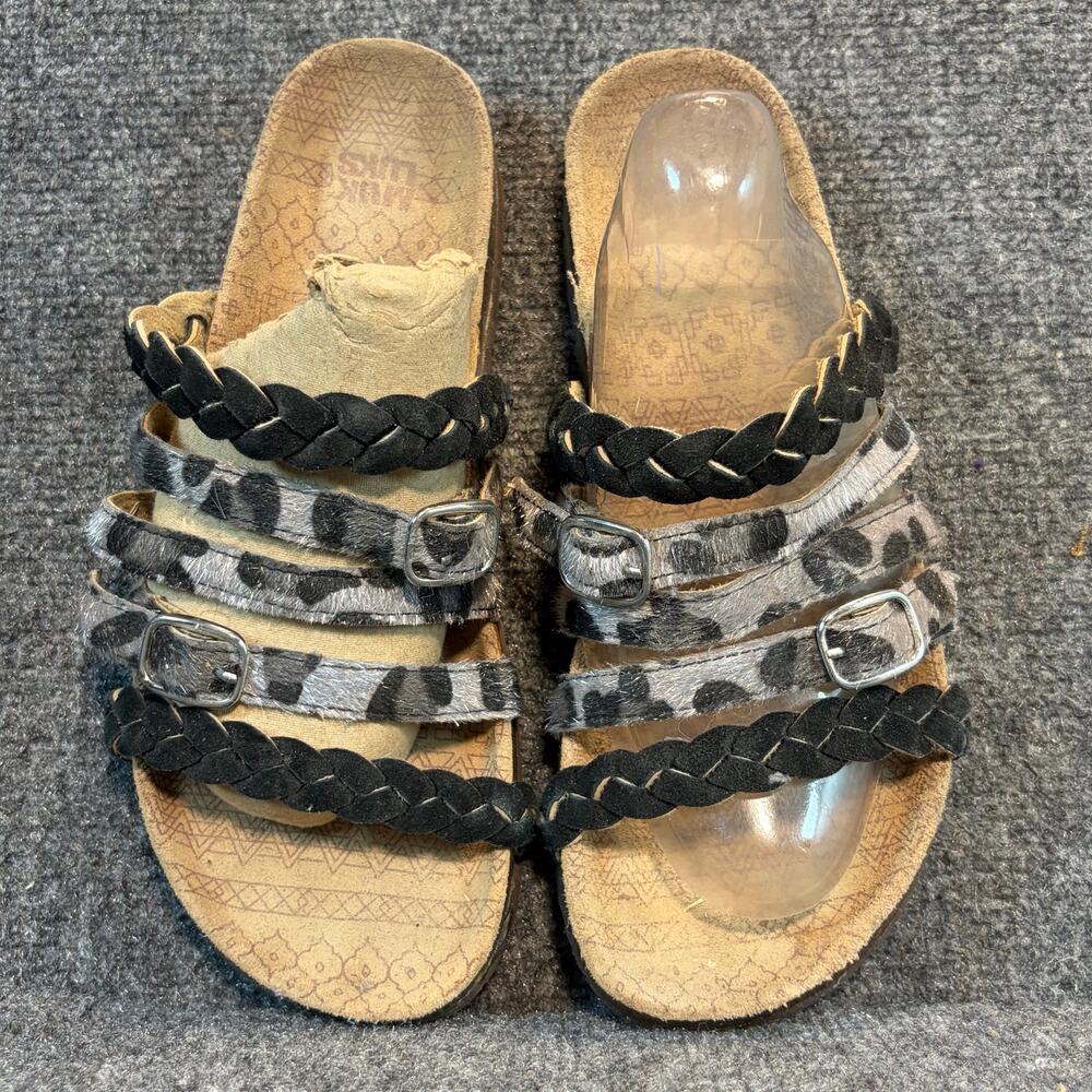 Muk Luks Womens Size 9 Buckle Slide 5 Strap Sandals Black Gray Leopard Print